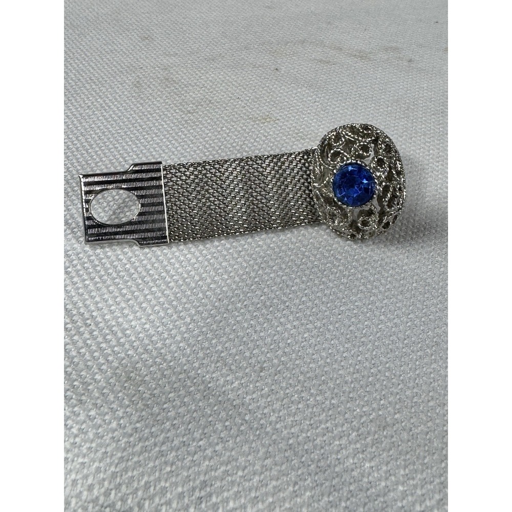 Vintage‎ Silver Tone Mesh Bracelet Blue Rhinestone Oval Filigree Clasp - Picture 2 of 10